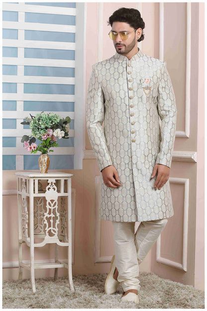 Raivat Ethnic Jacquard Silk Thread Work Indo Western In Grey Colour - Distacart