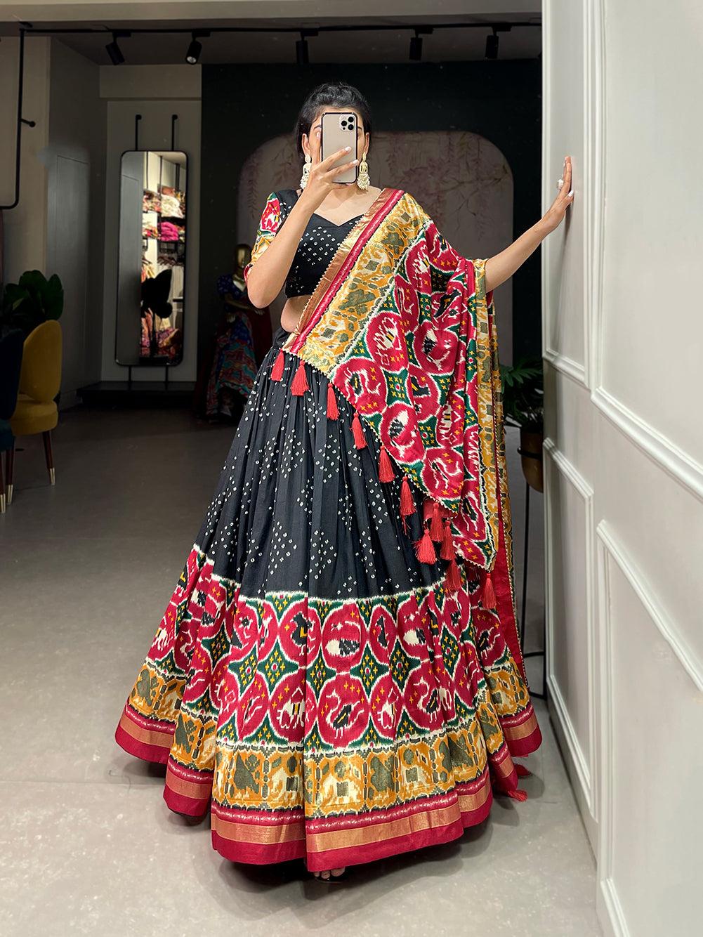 Lorenvalley Black Tussar Silk Patola Print With foil work Lehenga Choli with Dupatta - Distacart