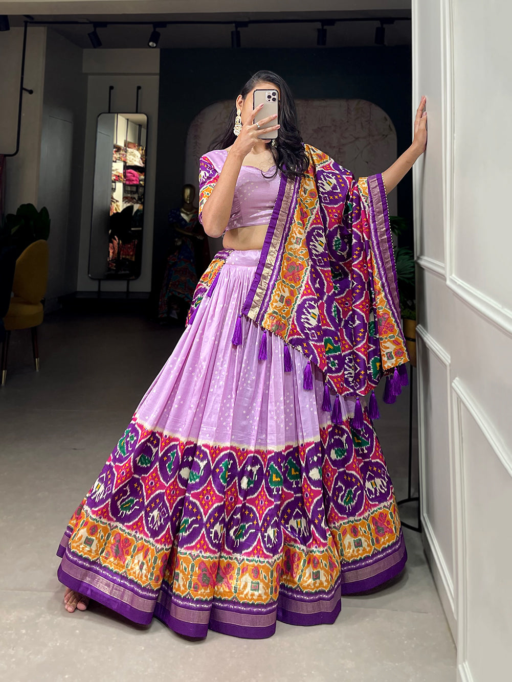 Lorenvalley Lavender Tussar Silk Patola Print With foil work Lehenga Choli with Dupatta - Distacart