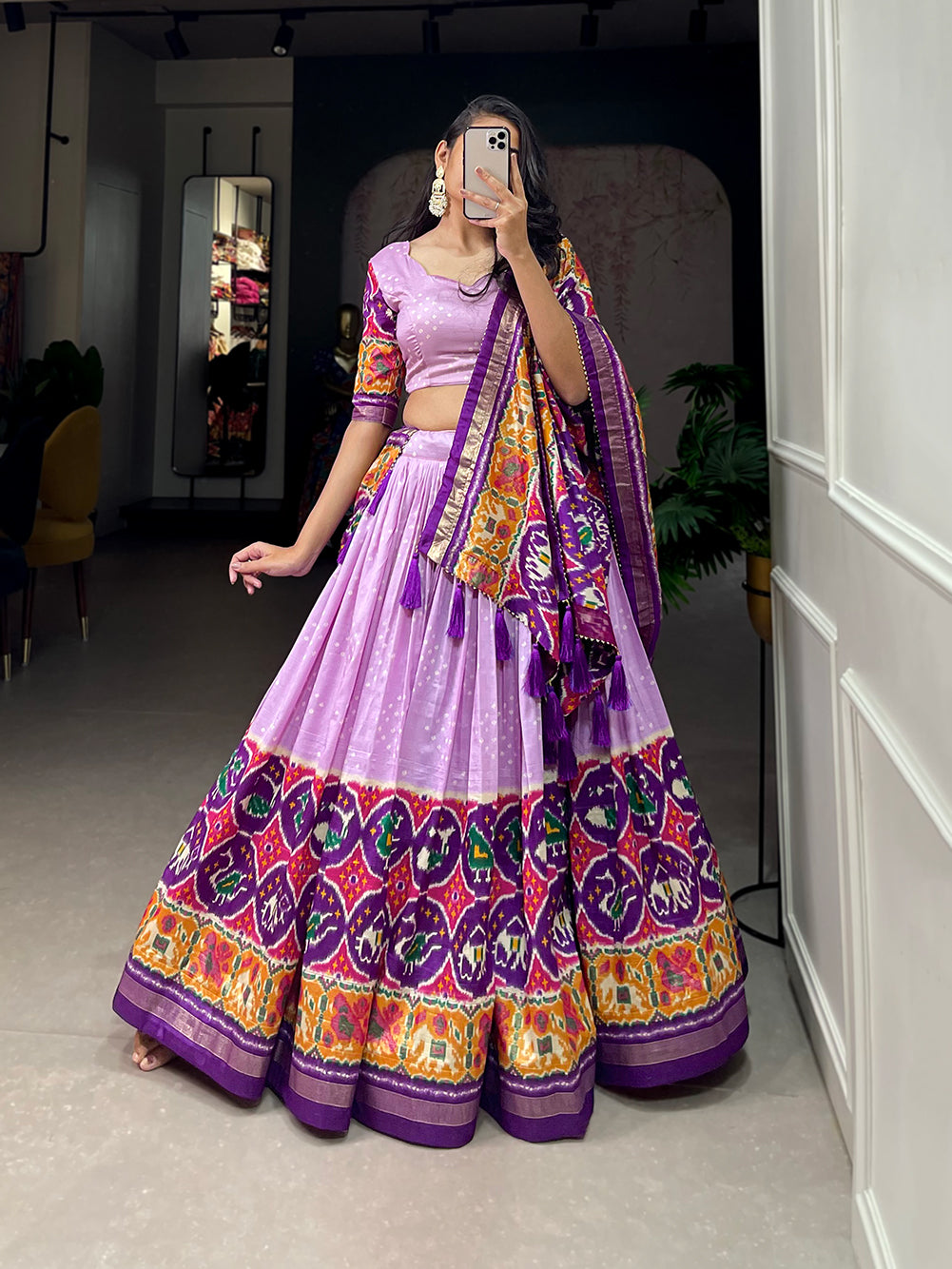 Lorenvalley Lavender Tussar Silk Patola Print With foil work Lehenga Choli with Dupatta - Distacart