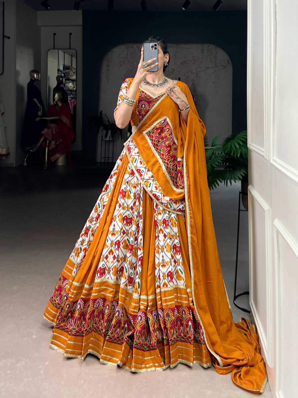 Lorenvalley Fashion Mustard Rayon with Printed Silk Patola Print with Gamthi Work and Lace Touch Up Lehenga Choli with Dupatta