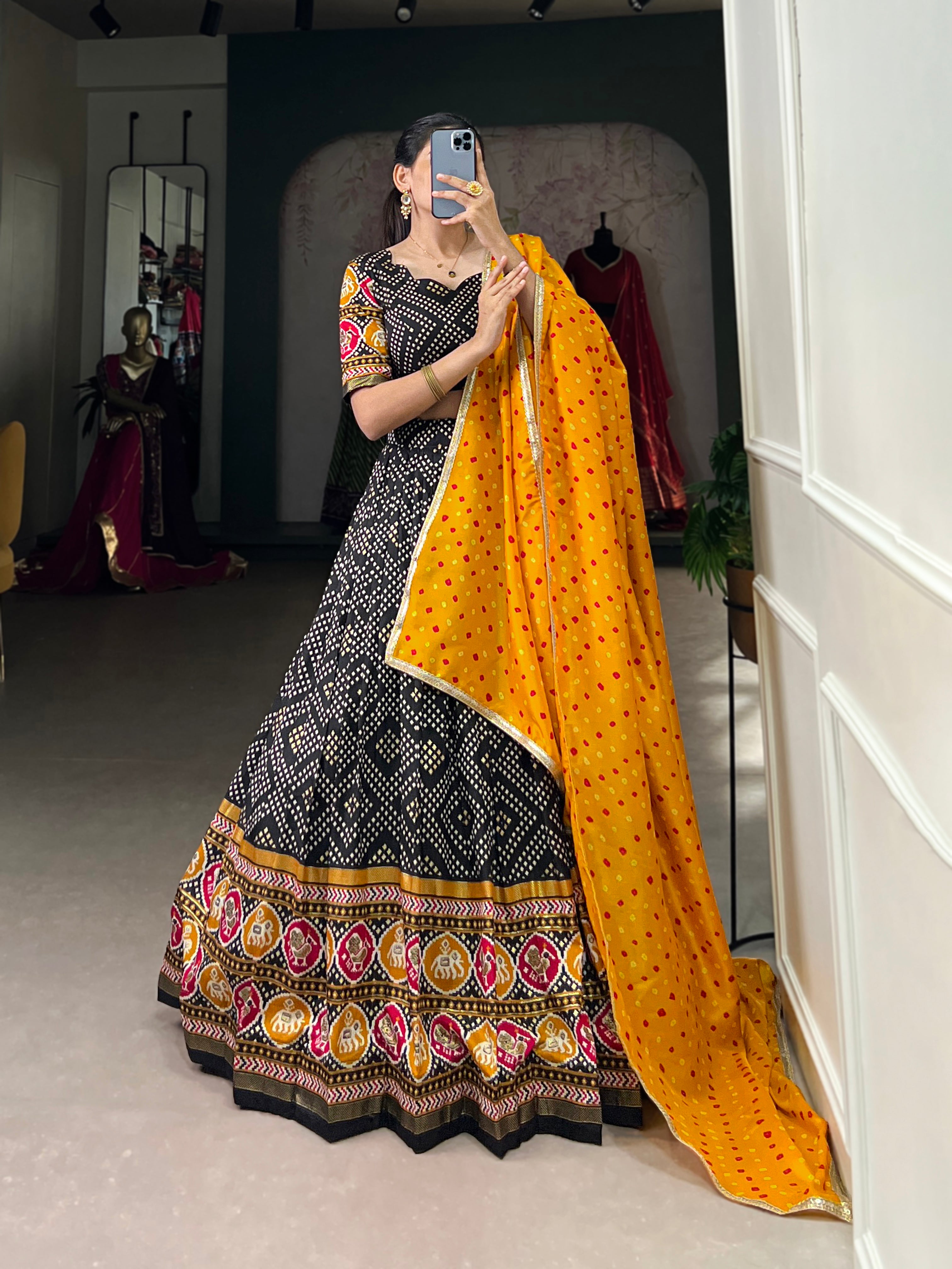 Lorenvalley Black Tussar Silk Bandhej and Patola Print with Foil Work Lehenga Choli with Dupatta - Distacart