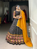 Thumbnail for Lorenvalley Black Tussar Silk Bandhej and Patola Print with Foil Work Lehenga Choli with Dupatta