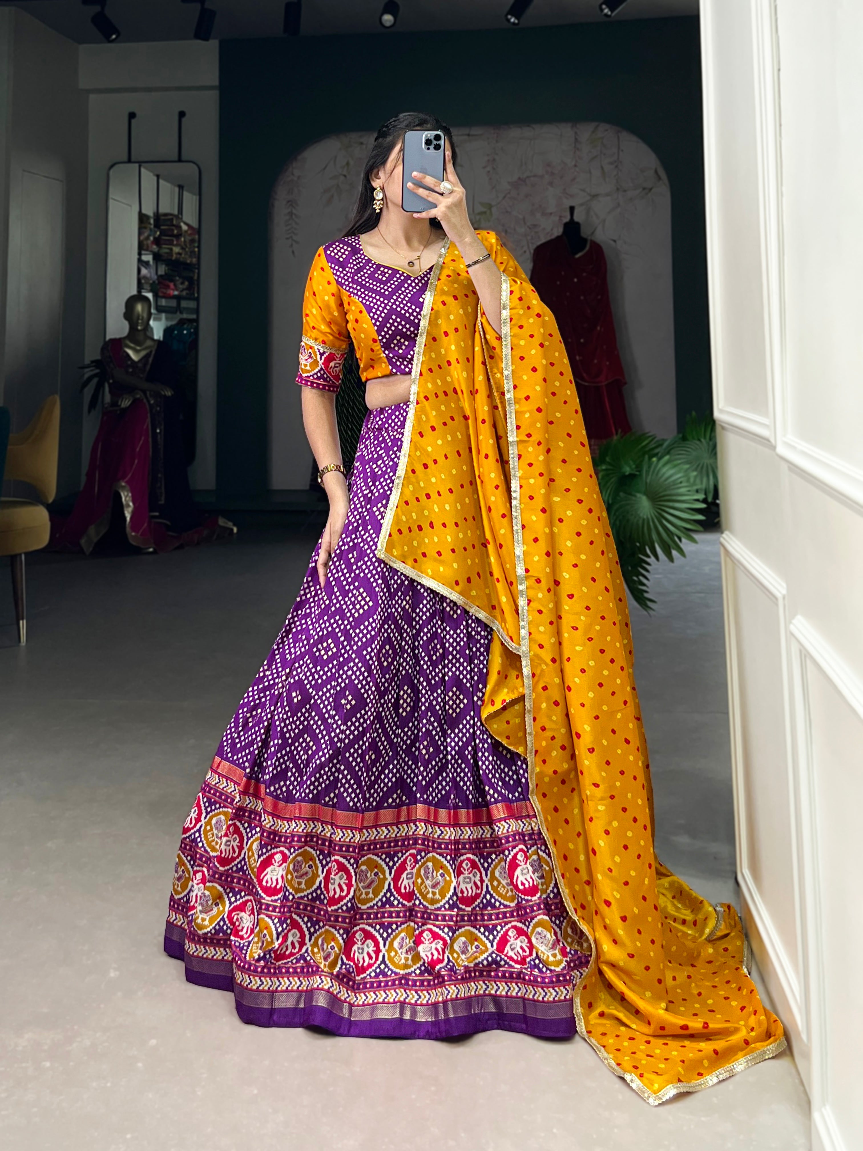 Lorenvalley Purple Tussar Silk Bandhej and Patola Print with Foil Work Lehenga Choli with Dupatta - Distacart