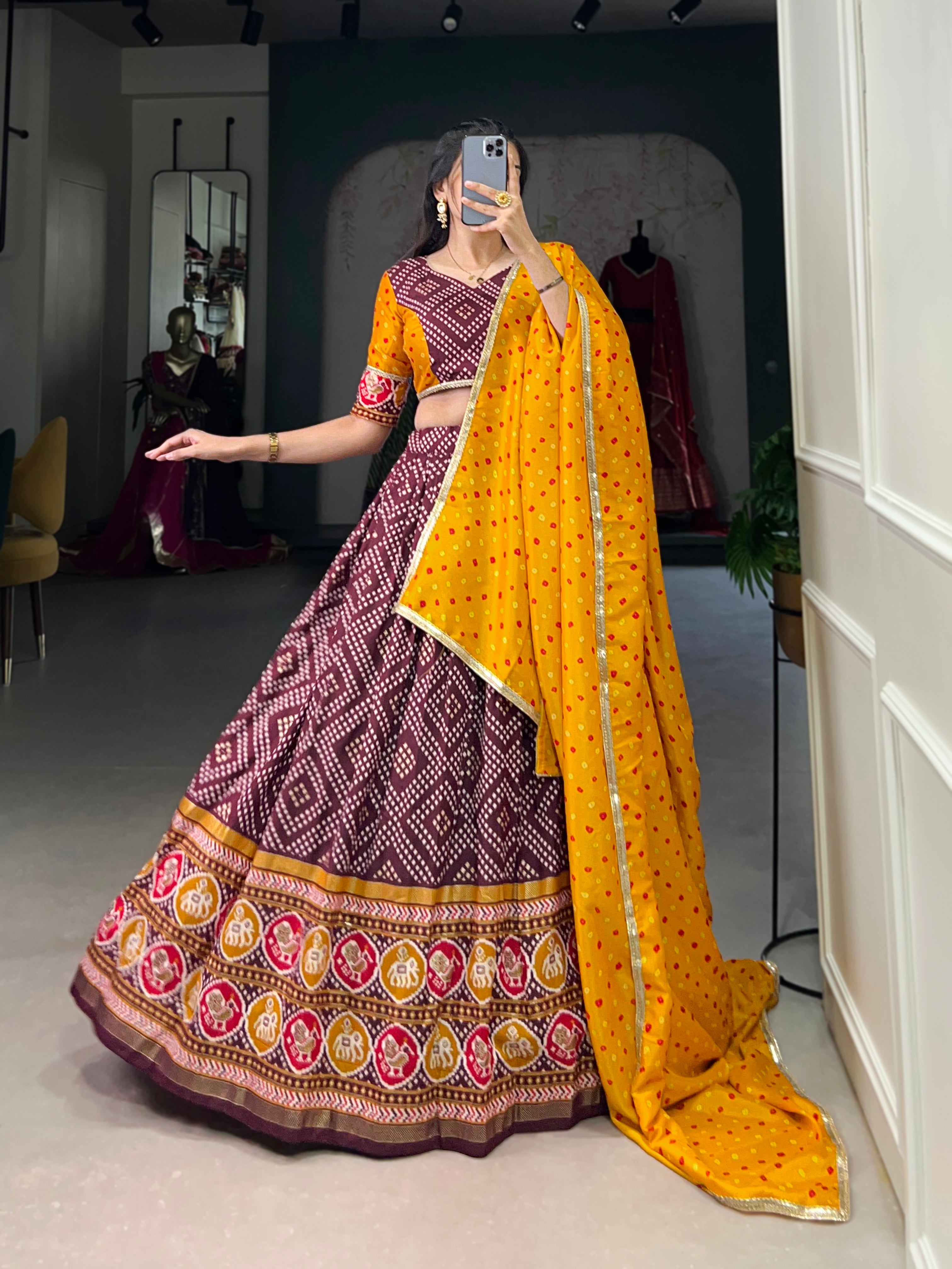 Lorenvalley Wine Tussar Silk Bandhej and Patola Print with Foil Work Lehenga Choli with Dupatta - Distacart