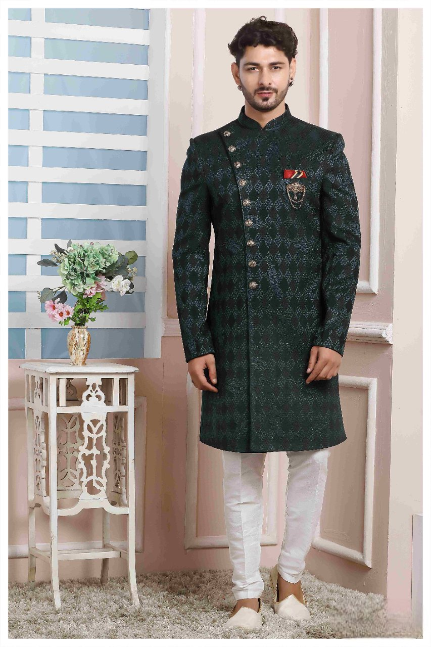 Raivat Ethnic Velvet Jacquard Silk Thread Work Indo Western In Dark Green Colour - Distacart