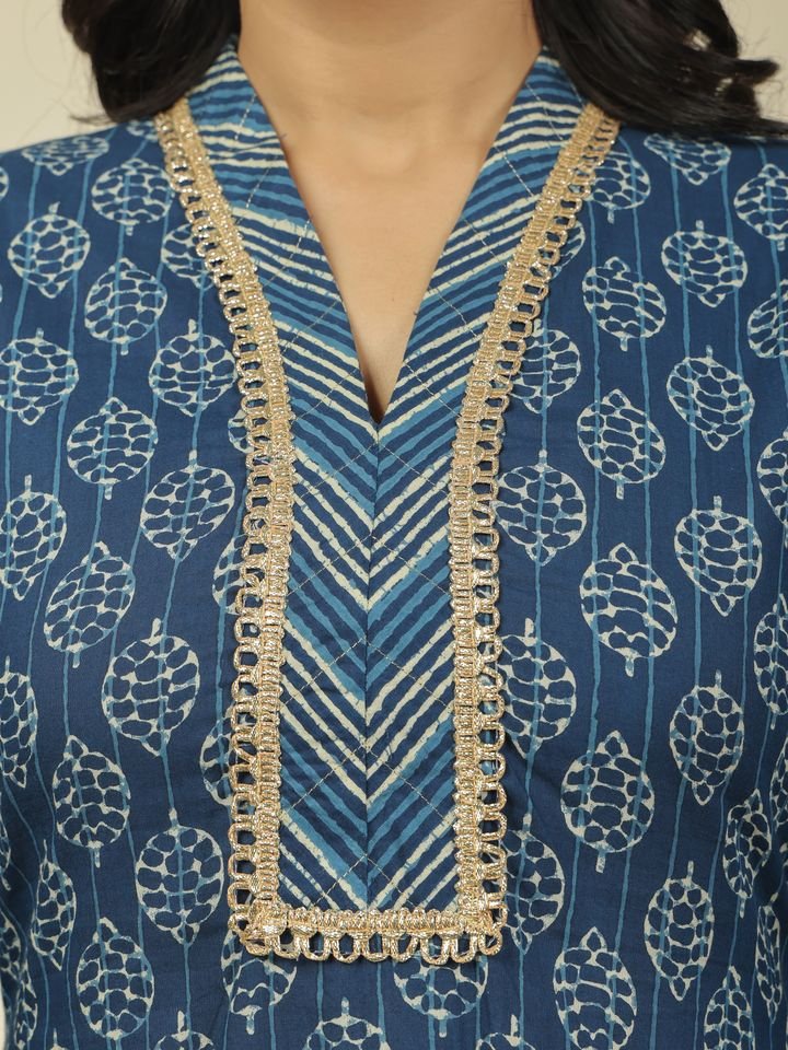 Aramya Straight Soft Cotton Block Print Women's Kurta Set - Blue - Distacart