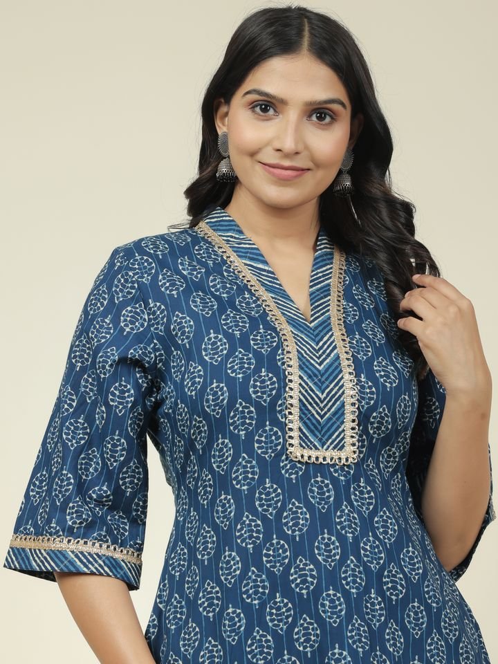 Aramya Straight Soft Cotton Block Print Women's Kurta - Blue - Distacart