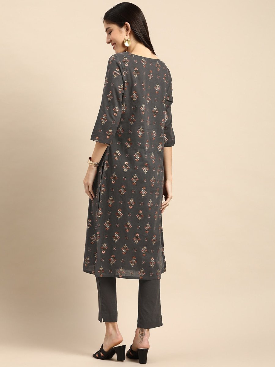 All About You Women Grey Ethnic Motifs Printed Pure Cotton Kurta with Trousers - Distacart