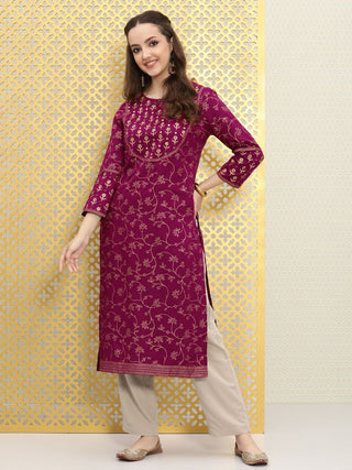 Ode by House of Pataudi Women Magenta Pink Floral Embellished Mirror Work Kurta - Distacart