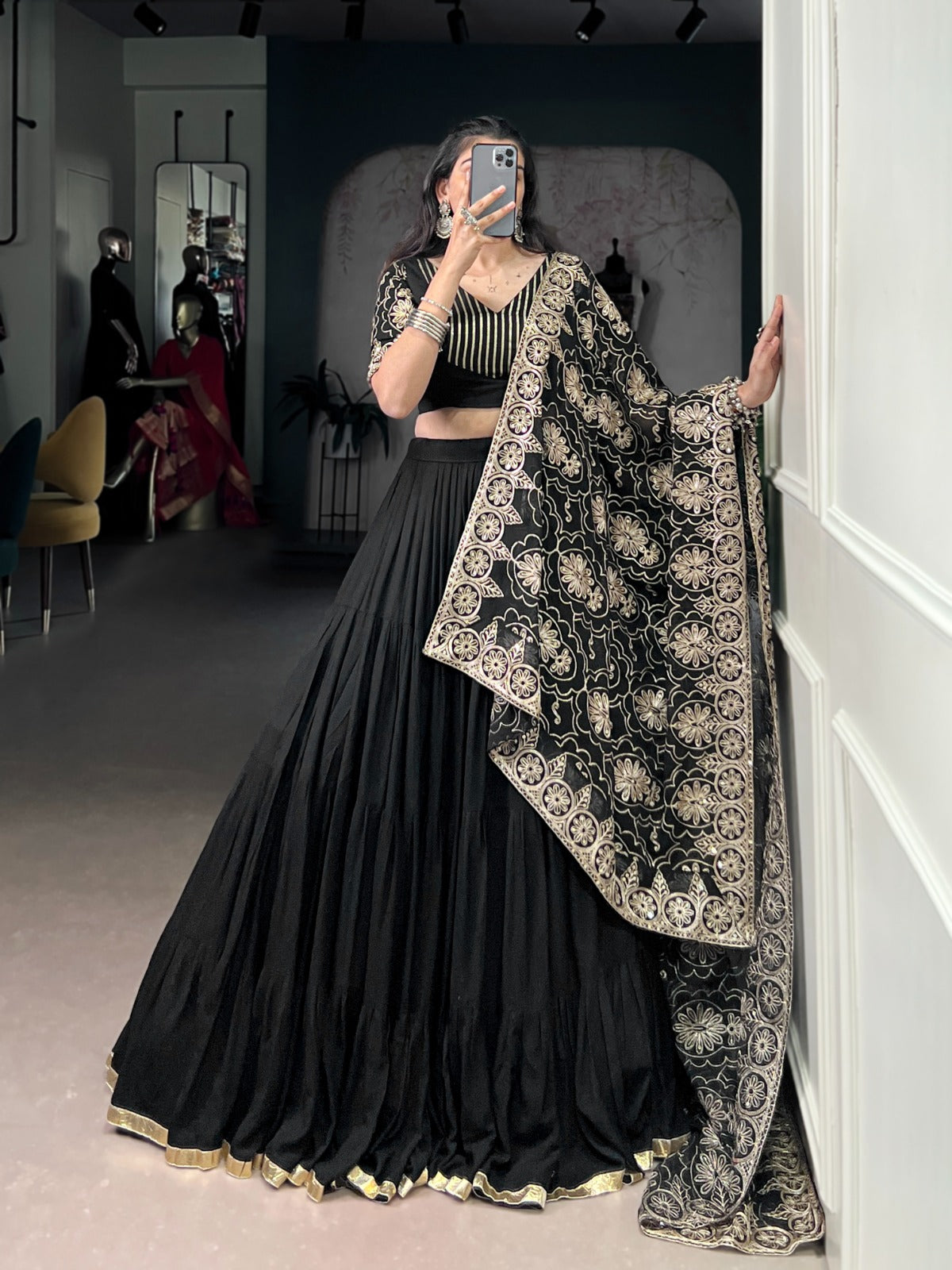 Lorenvalley Fashion Black Pure Rayon Embossed Design Lace Border Lehenga Choli with Dupatta - Distacart