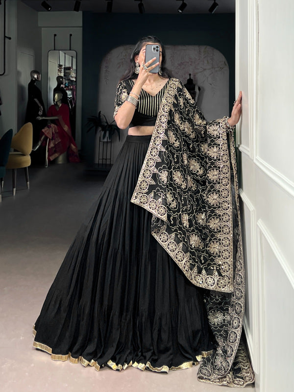 Lorenvalley Fashion Black Pure Rayon Embossed Design Lace Border Lehenga Choli with Dupatta