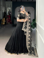 Thumbnail for Lorenvalley Fashion Black Pure Rayon Embossed Design Lace Border Lehenga Choli with Dupatta
