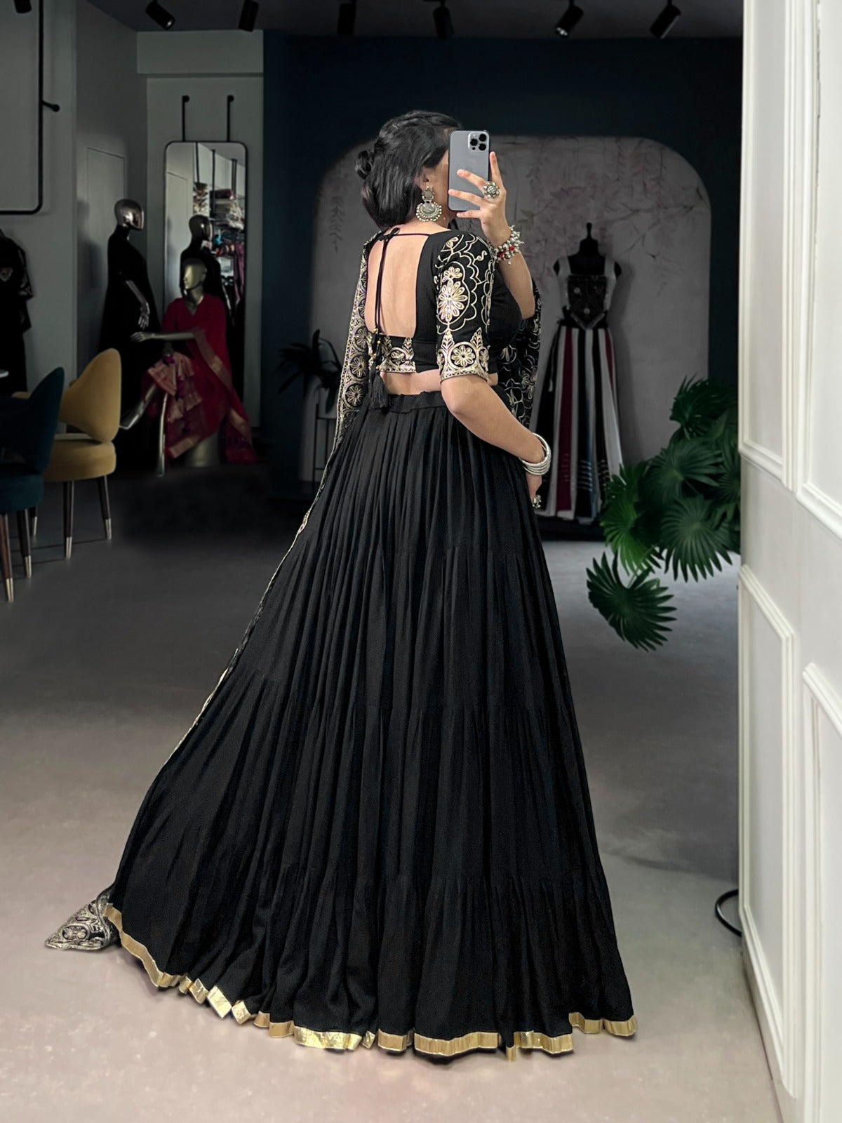Lorenvalley Fashion Black Pure Rayon Embossed Design Lace Border Lehenga Choli with Dupatta