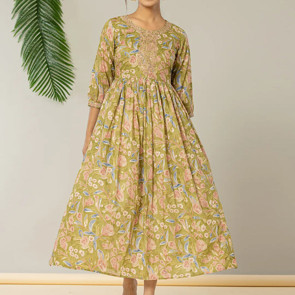 Yufta Green Pure Cotton Dori Embroidery Dress - Distacart