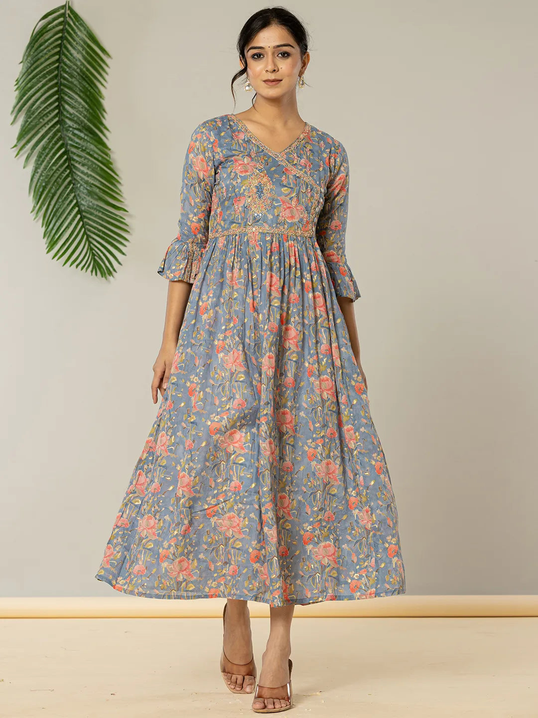 Yufta Blue Pure Cotton Beads And Stones Gathers Angrakha Dress - Distacart