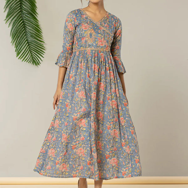 Yufta Blue Pure Cotton Beads And Stones Gathers Angrakha Dress - Distacart