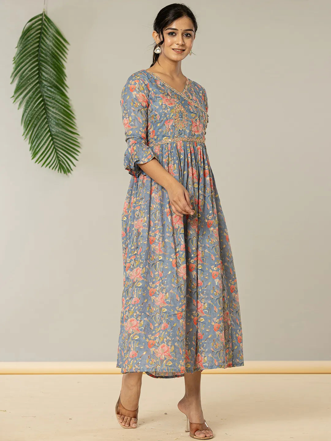 Yufta Blue Pure Cotton Beads And Stones Gathers Angrakha Dress - Distacart