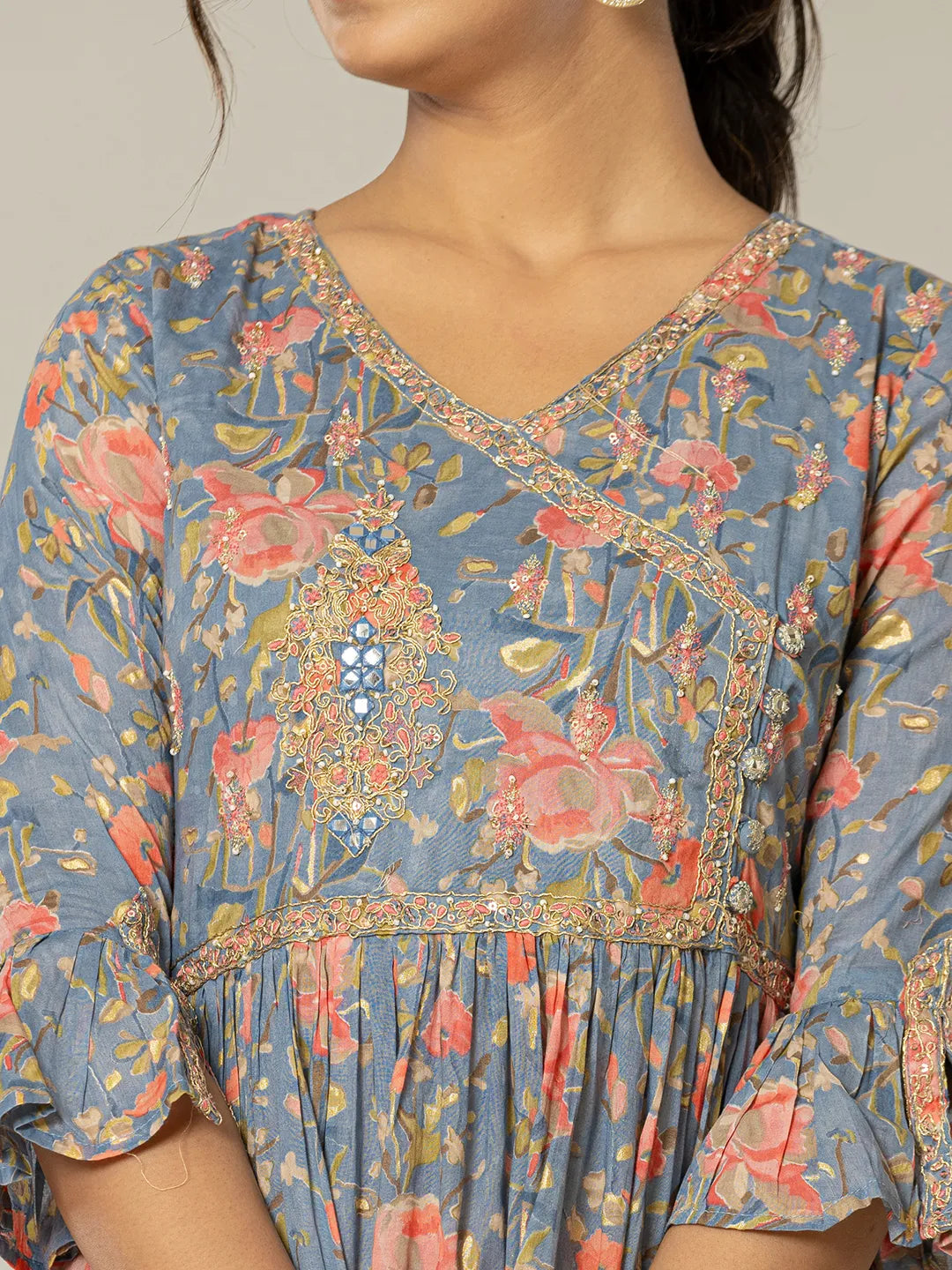 Yufta Blue Pure Cotton Beads And Stones Gathers Angrakha Dress - Distacart
