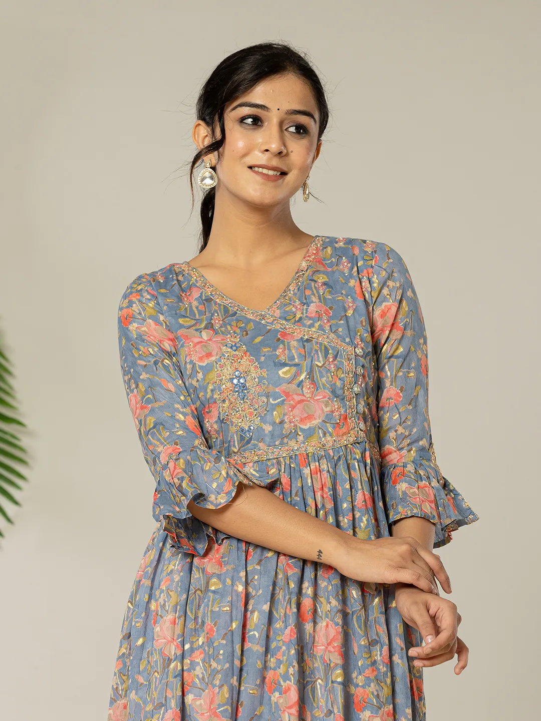 Yufta Blue Pure Cotton Beads And Stones Gathers Angrakha Dress - Distacart