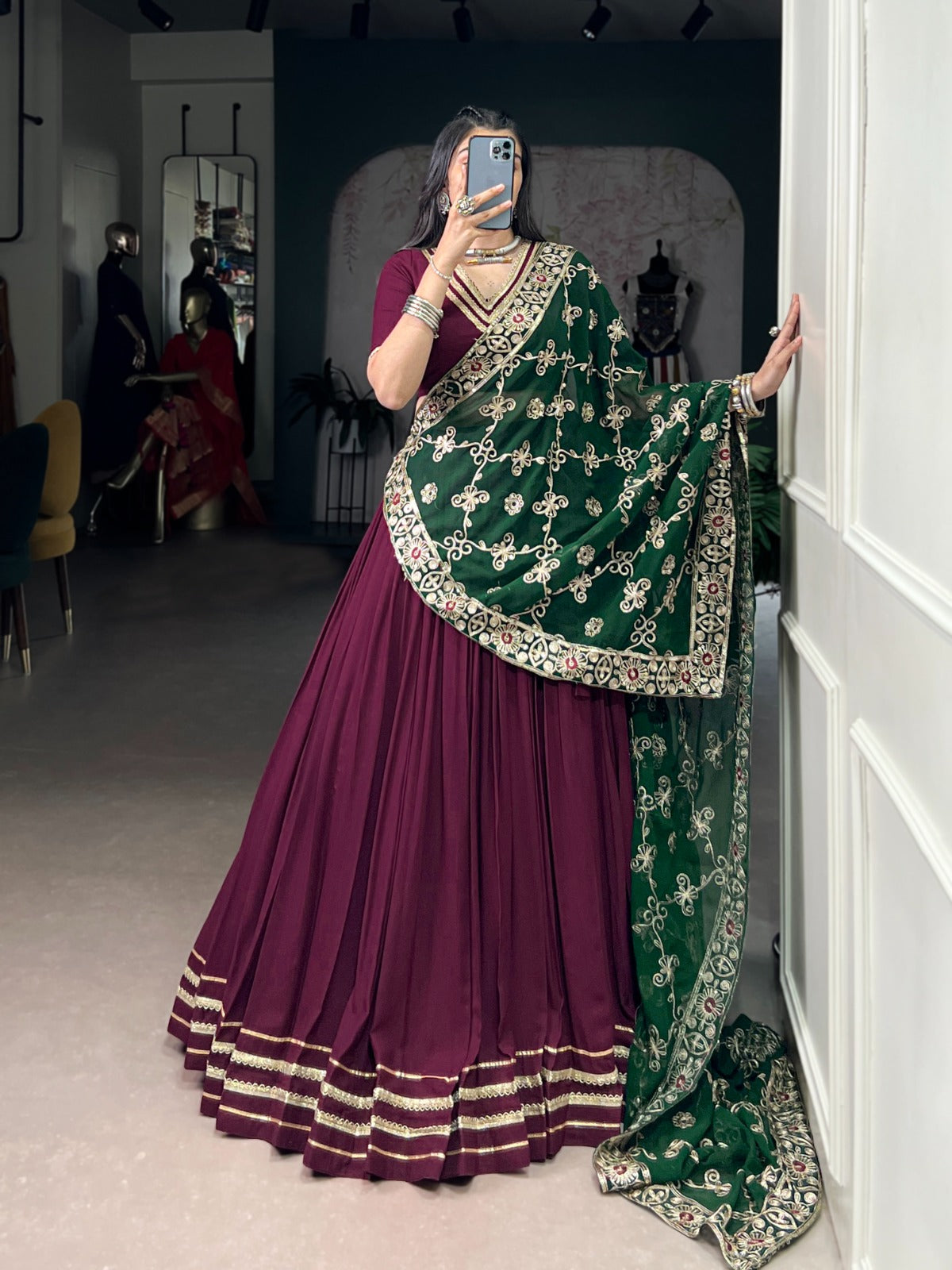 Lorenvalley Fashion Wine Pure Rayon Lace Touch Up Lehenga Choli with Dupatta - Distacart