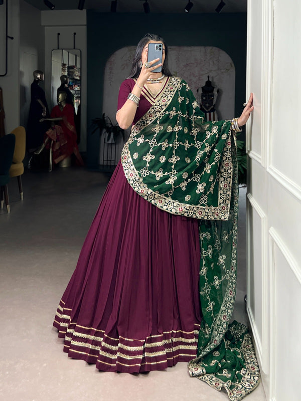 Lorenvalley Fashion Wine Pure Rayon Lace Touch Up Lehenga Choli with Dupatta