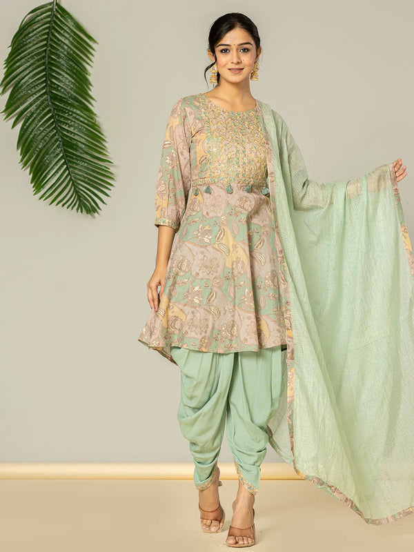 Yufta Green Cotton Embroidery A-Line Kurta Dupatta Set