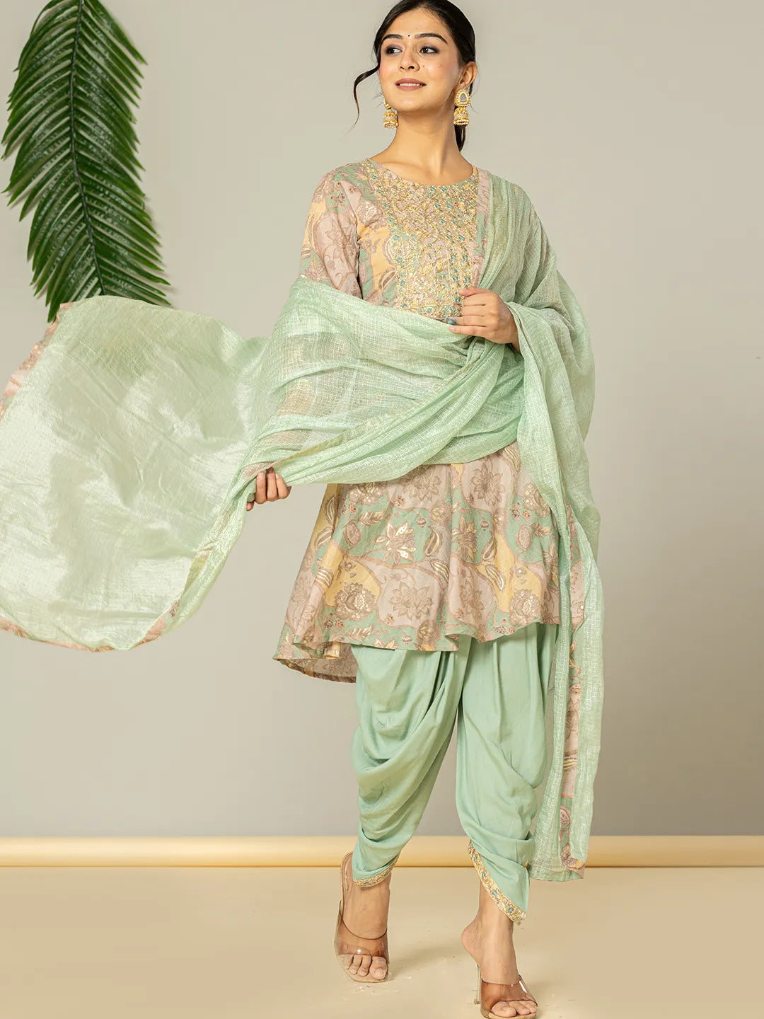 Yufta Green Cotton Embroidery A-Line Kurta Dupatta Set - Distacart
