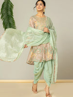 Thumbnail for Yufta Green Cotton Embroidery A-Line Kurta Dupatta Set