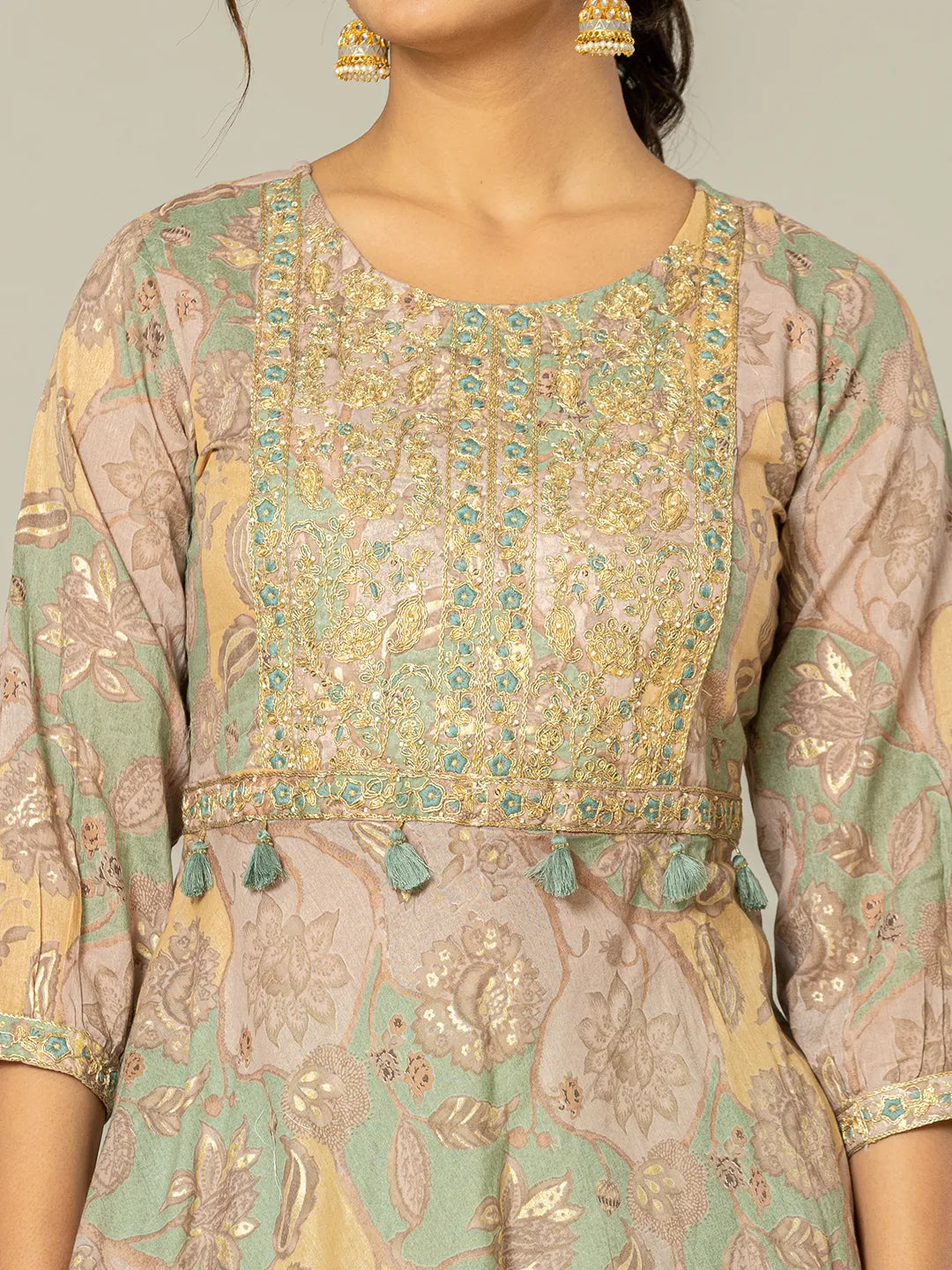 Yufta Green Cotton Embroidery A-Line Kurta Dupatta Set