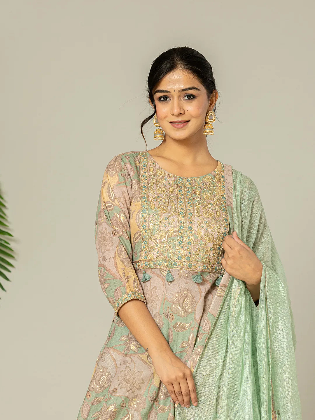 Yufta Green Cotton Embroidery A-Line Kurta Dupatta Set