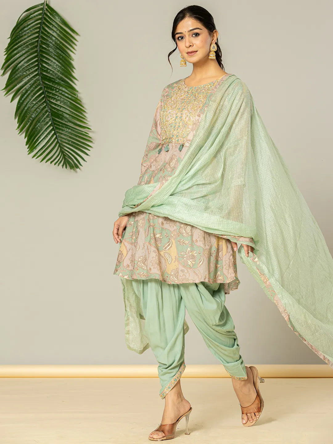 Yufta Green Cotton Embroidery A-Line Kurta Dupatta Set