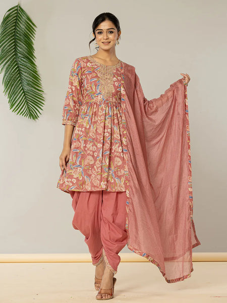 Yufta Pink Cotton Embroidery A-Line Kurta Dupatta Set