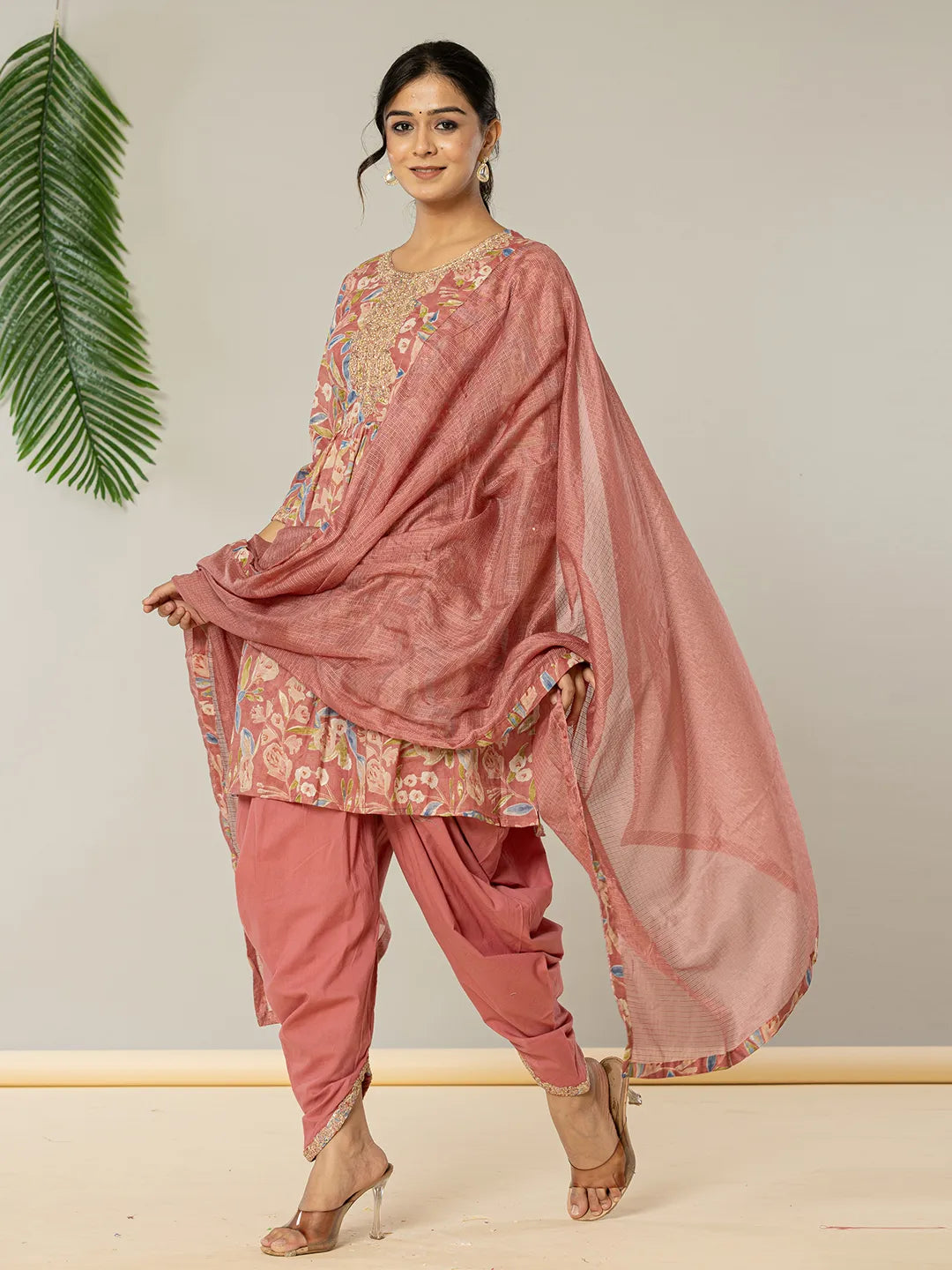 Yufta Pink Cotton Embroidery A-Line Kurta Dupatta Set - Distacart
