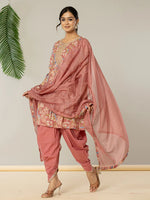 Thumbnail for Yufta Pink Cotton Embroidery A-Line Kurta Dupatta Set