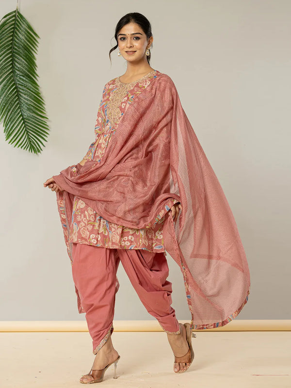 Yufta Pink Cotton Embroidery A-Line Kurta Dupatta Set