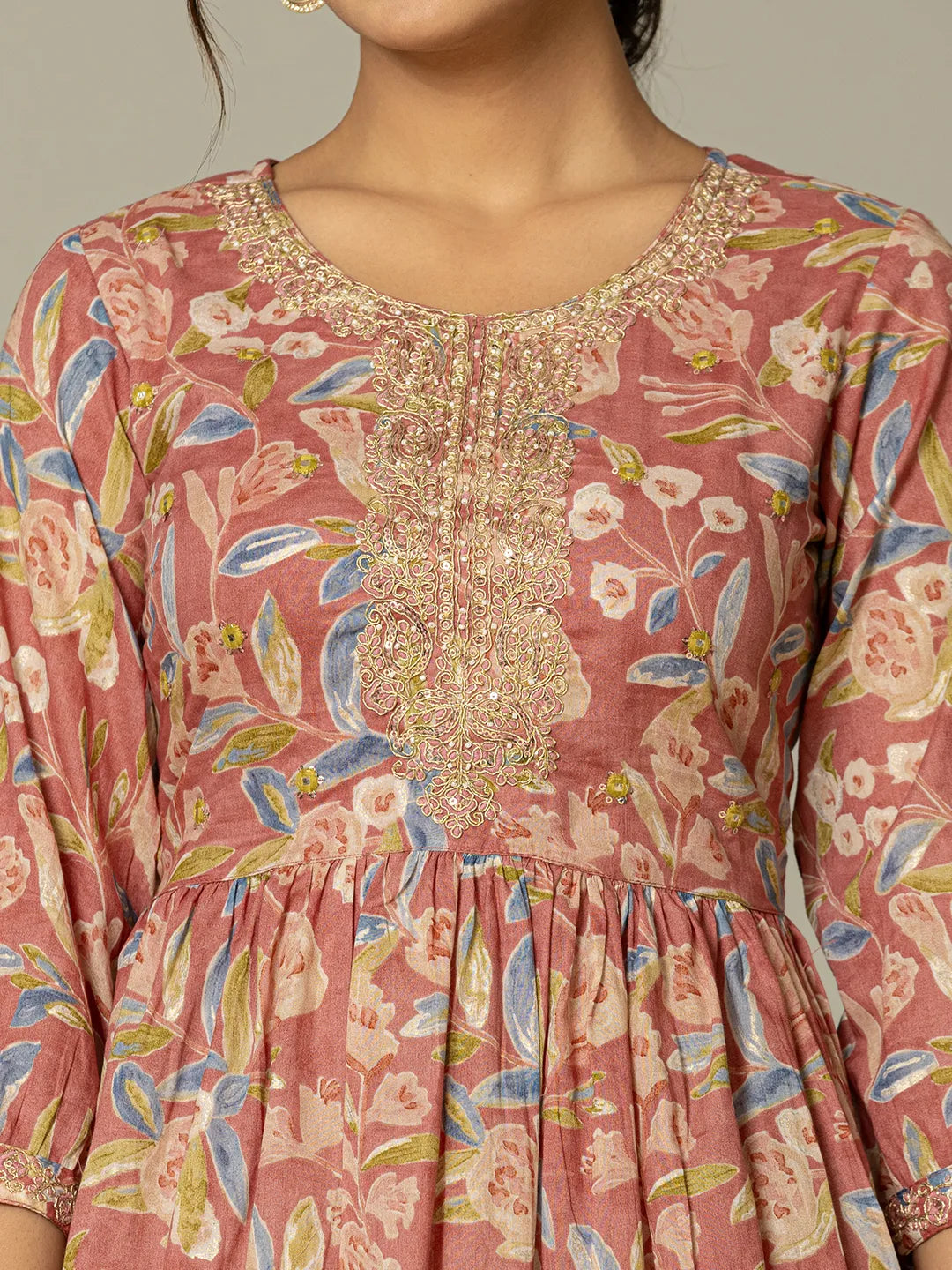 Yufta Pink Cotton Embroidery A-Line Kurta Dupatta Set