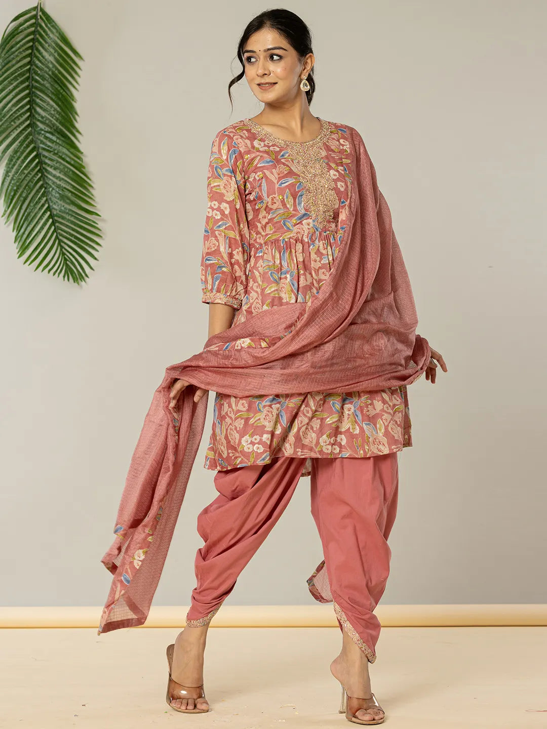 Yufta Pink Cotton Embroidery A-Line Kurta Dupatta Set