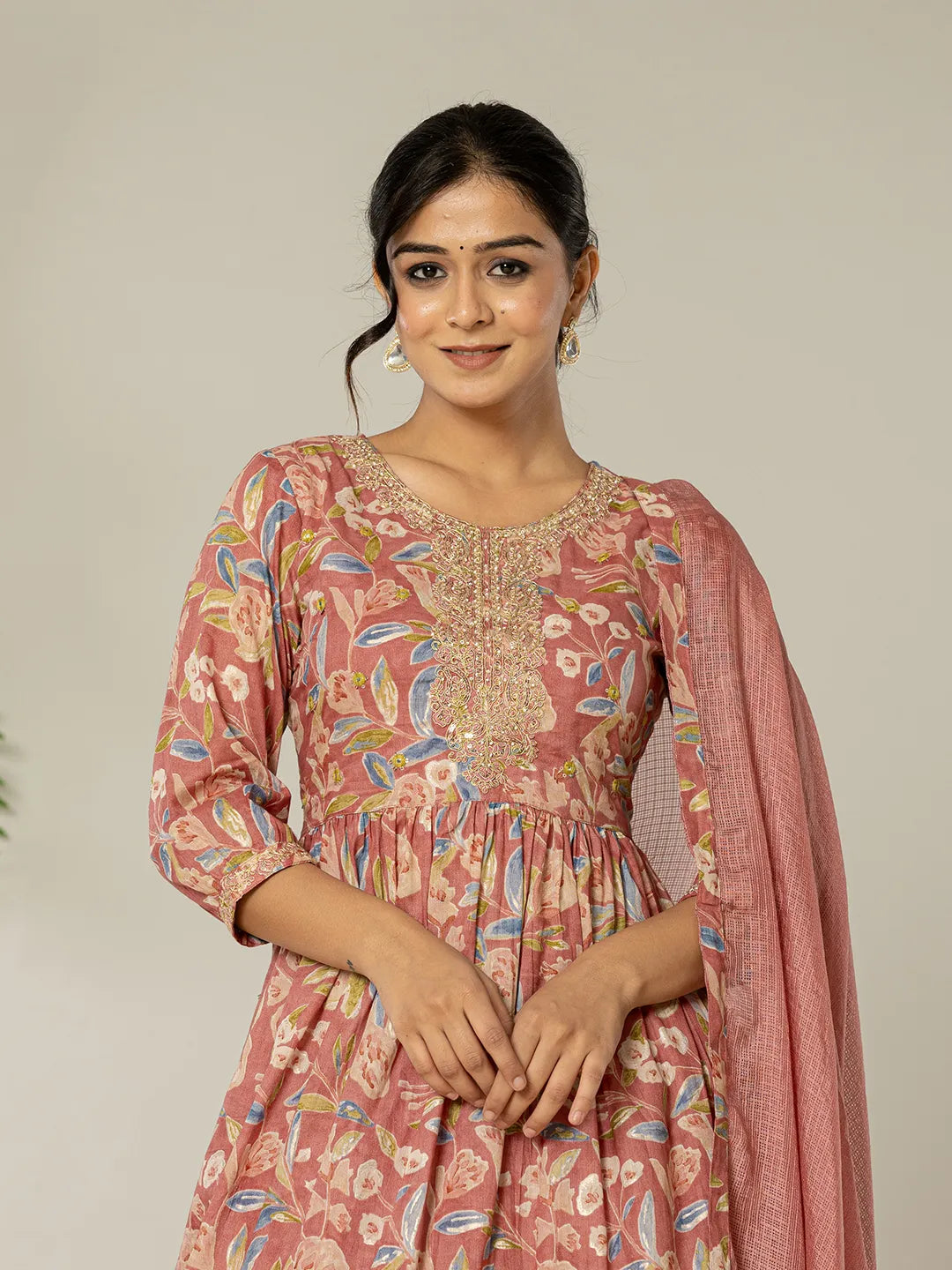 Yufta Pink Cotton Embroidery A-Line Kurta Dupatta Set