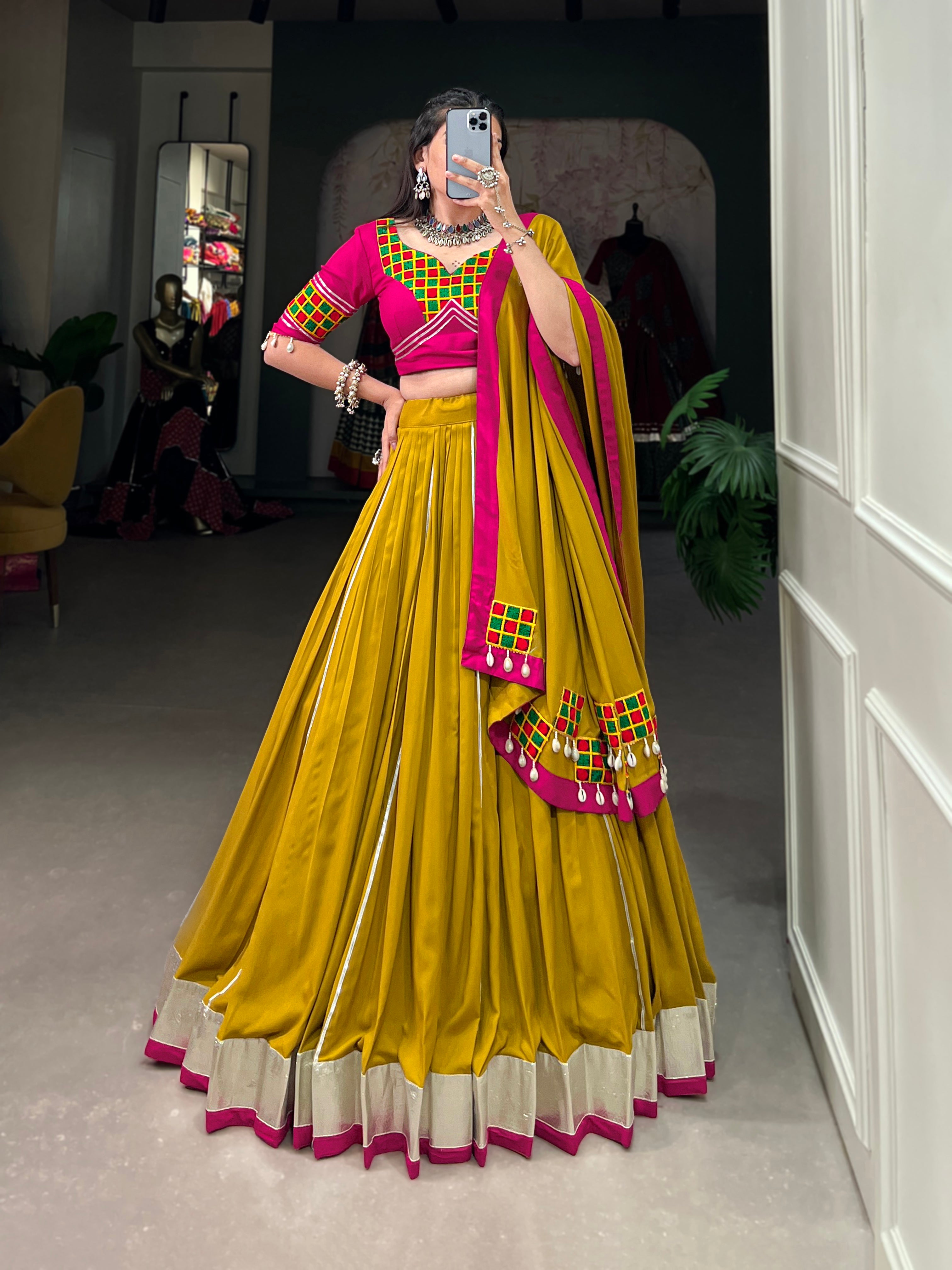 Lorenvalley Fashion Mustard Pure Rayon Plain And Lace Border With Gotta Patti Touch Up Lehenga Choli with Dupatta - Distacart