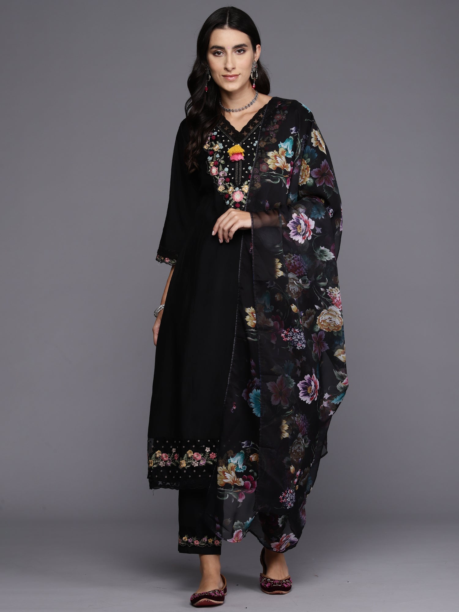 Indo Era Black Embroidered A-Line Kurta Trousers With Dupatta Set - Distacart