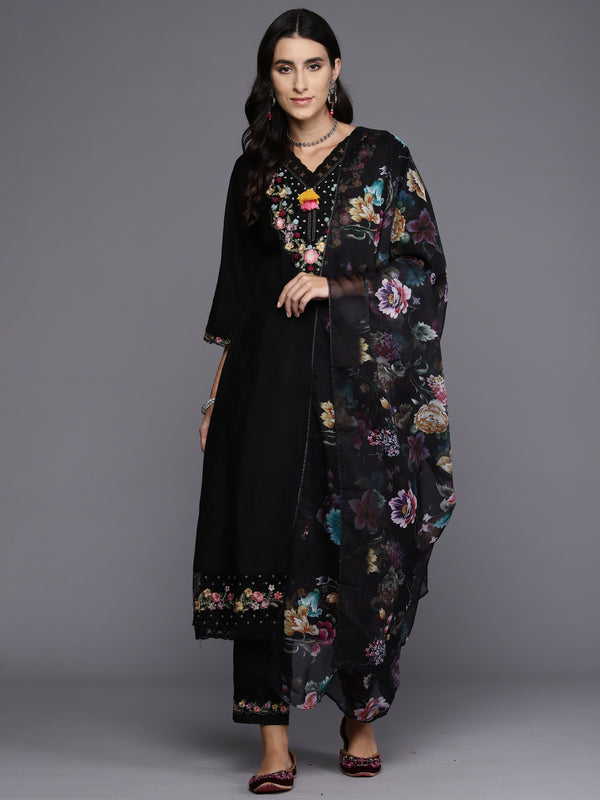 Indo Era Black Embroidered A-Line Kurta Trousers With Dupatta Set - Distacart