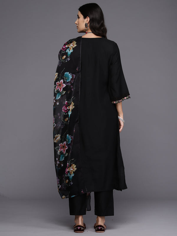 Indo Era Black Embroidered A-Line Kurta Trousers With Dupatta Set - Distacart