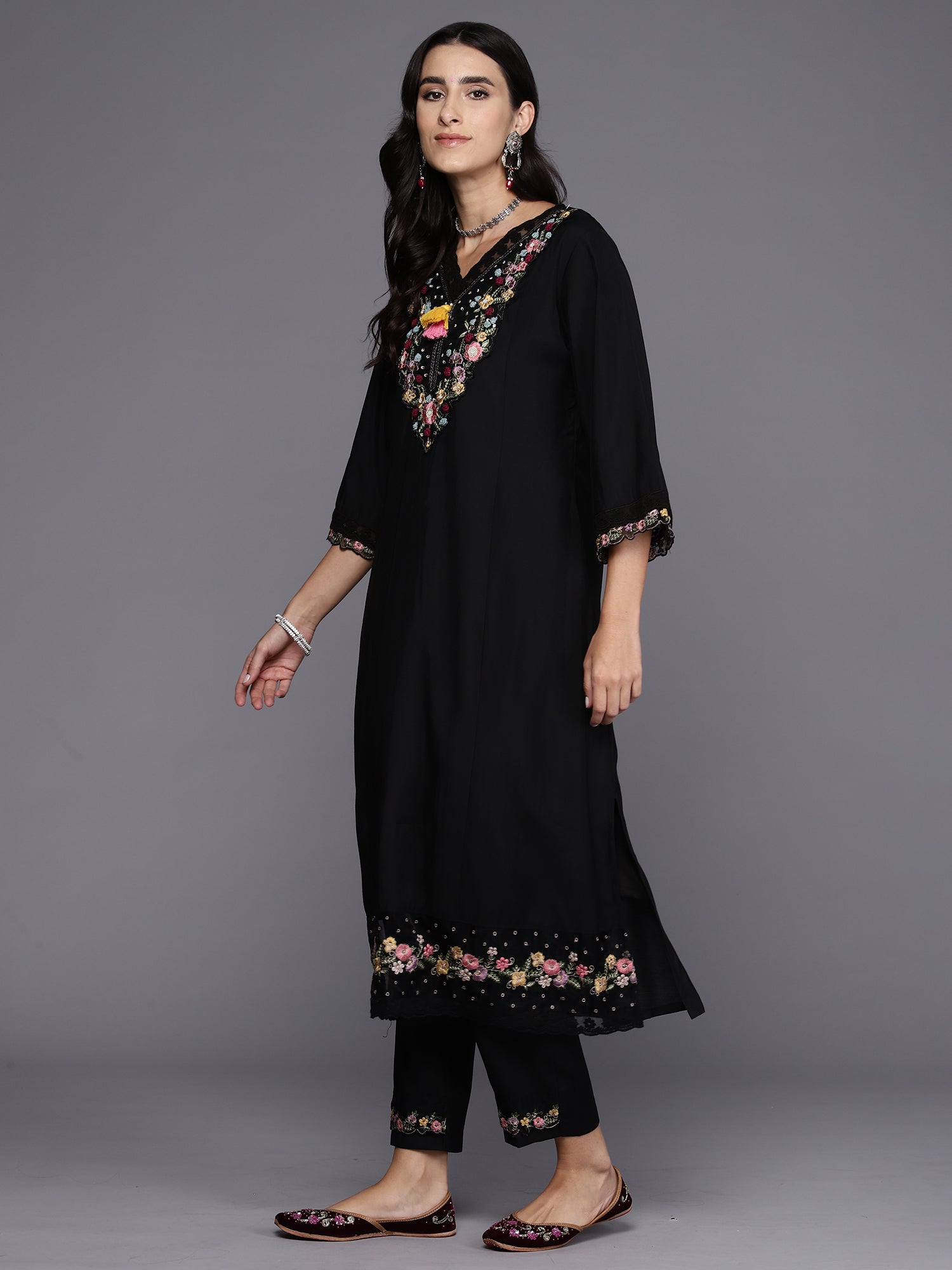 Indo Era Black Embroidered A-Line Kurta Trousers With Dupatta Set - Distacart