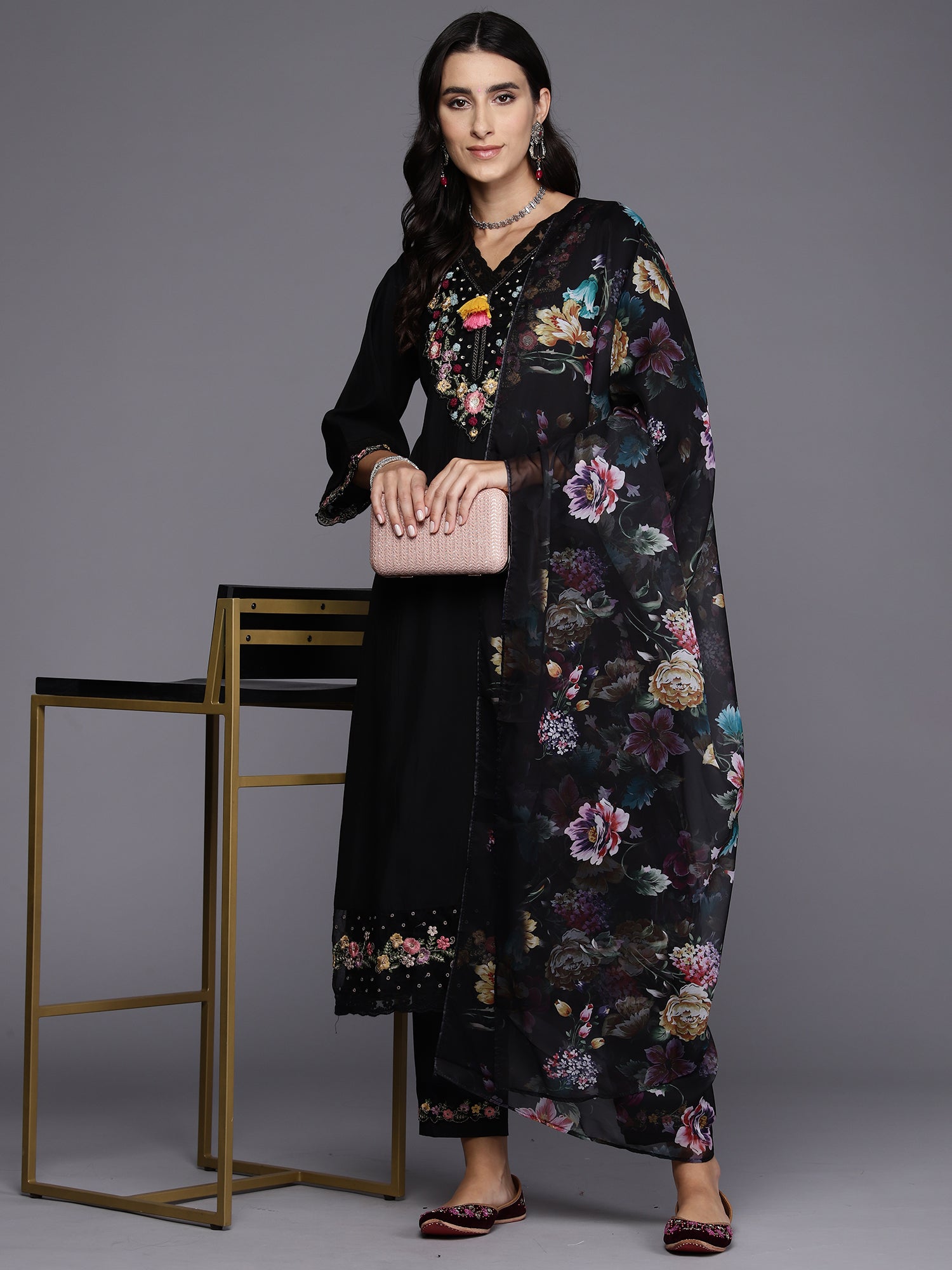 Indo Era Black Embroidered A-Line Kurta Trousers With Dupatta Set - Distacart