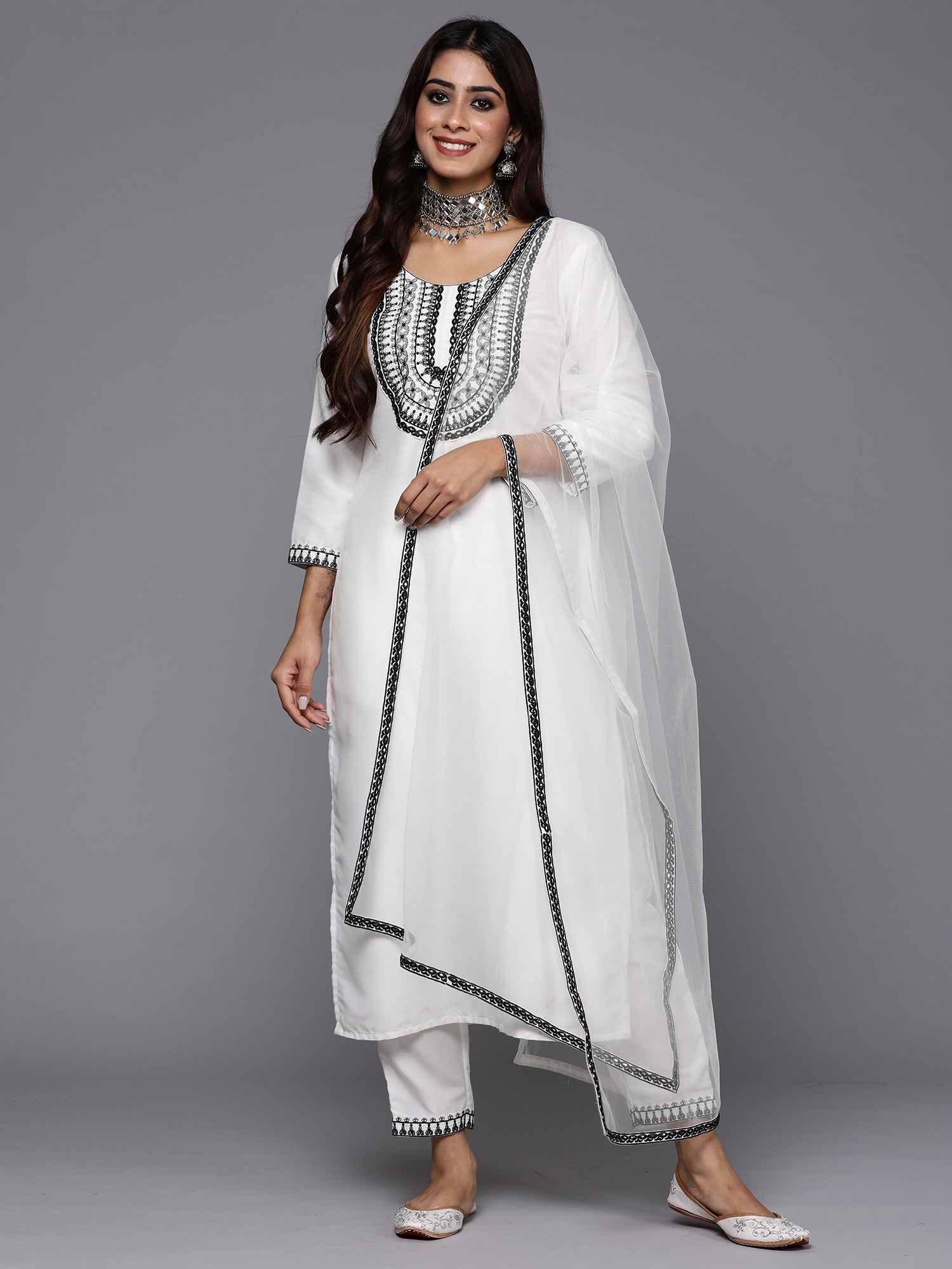 Indo Era White Embroidered Straight Kurta Trousers With Dupatta Set - Distacart