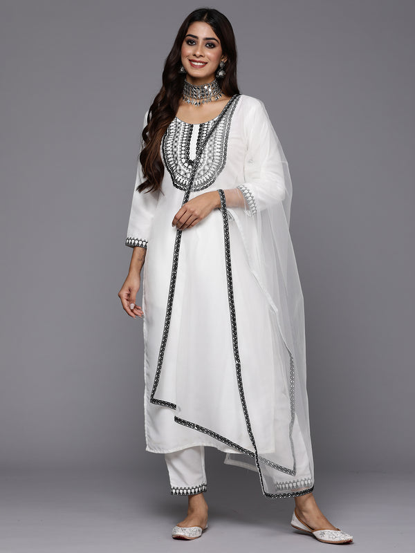 Indo Era White Embroidered Straight Kurta Trousers With Dupatta Set - Distacart