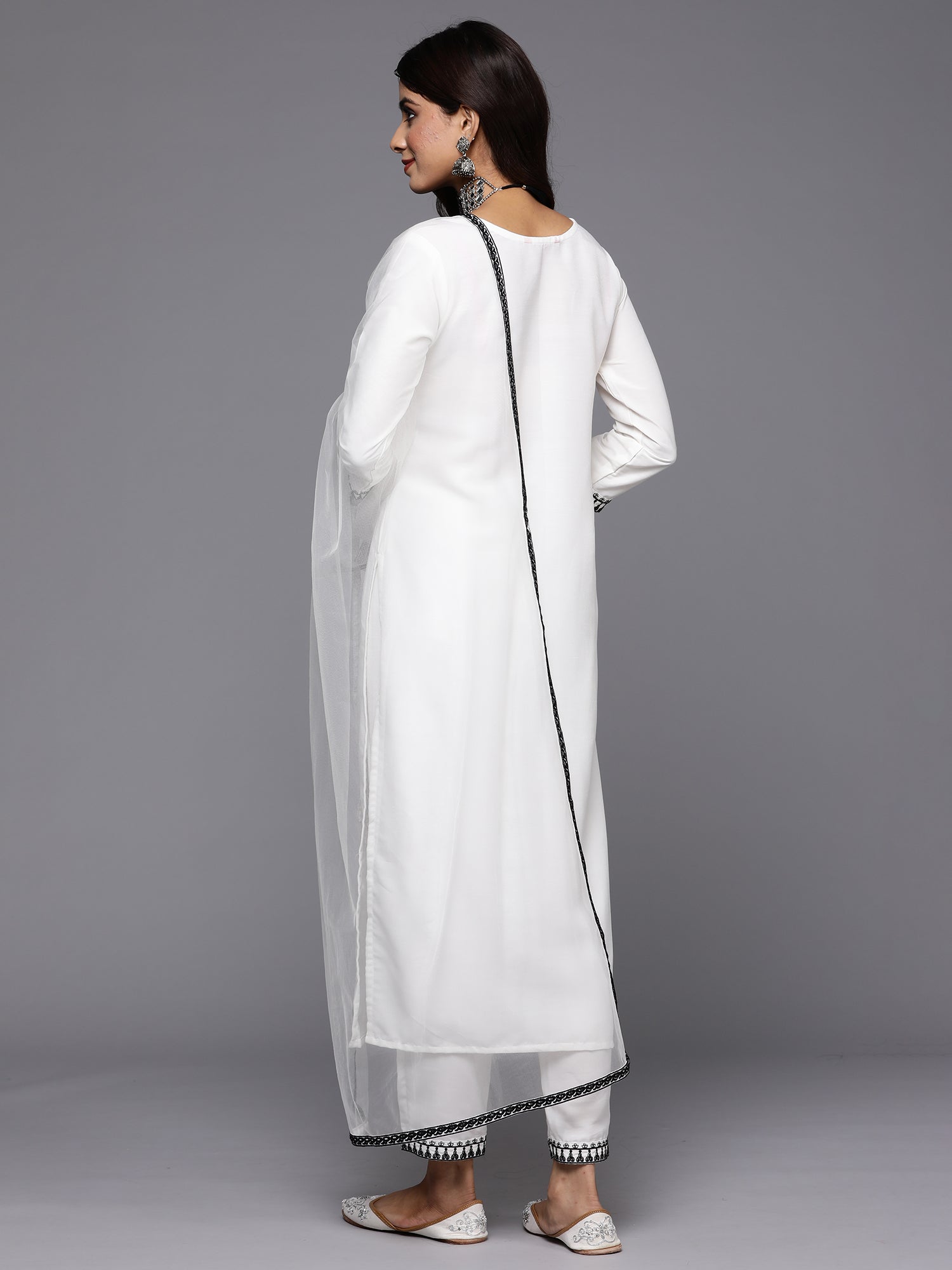 Indo Era White Embroidered Straight Kurta Trousers With Dupatta Set - Distacart