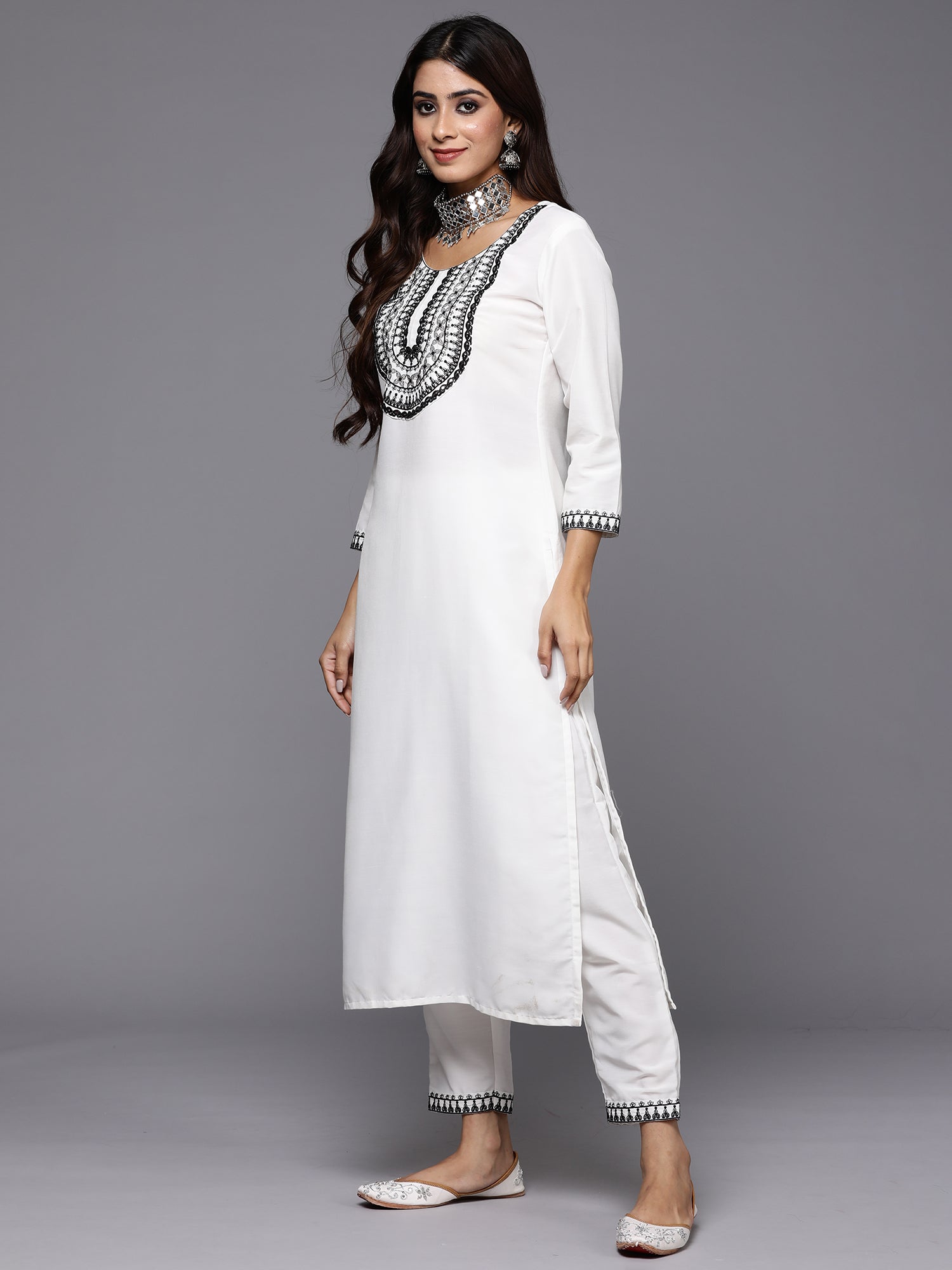 Indo Era White Embroidered Straight Kurta Trousers With Dupatta Set - Distacart