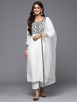 Thumbnail for Indo Era White Embroidered Straight Kurta Trousers With Dupatta Set - Distacart